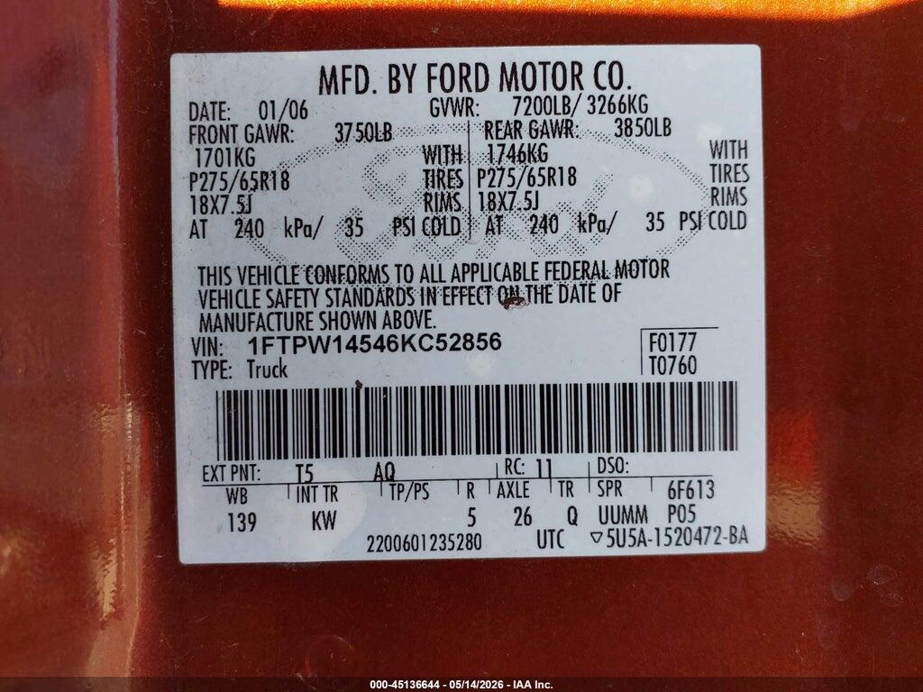 1FTPW14546KC52856 2006 FORD F-150 photo no. 9