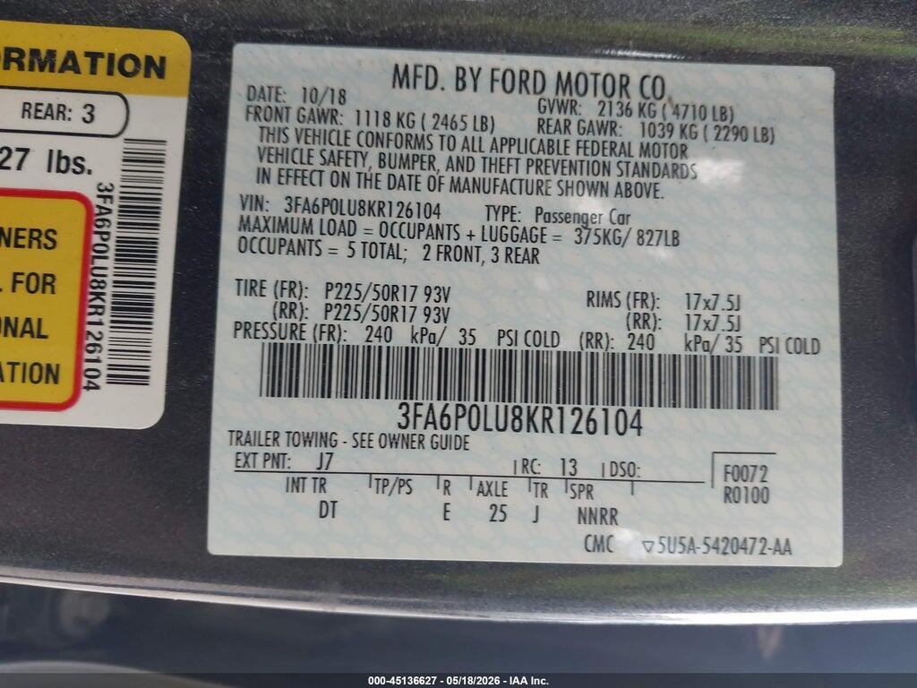 3FA6P0LU8KR126104 2019 FORD FUSION HYBRID photo no. 9