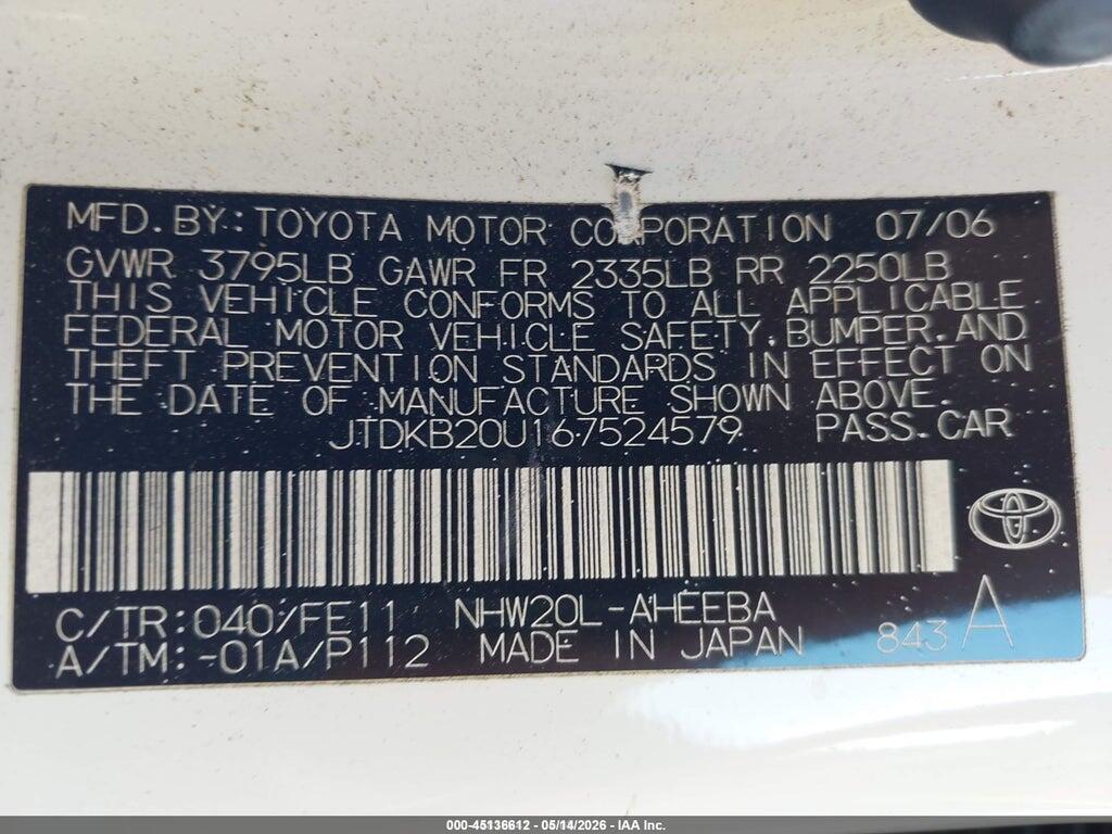 JTDKB20U167524579 2006 TOYOTA PRIUS photo no. 9
