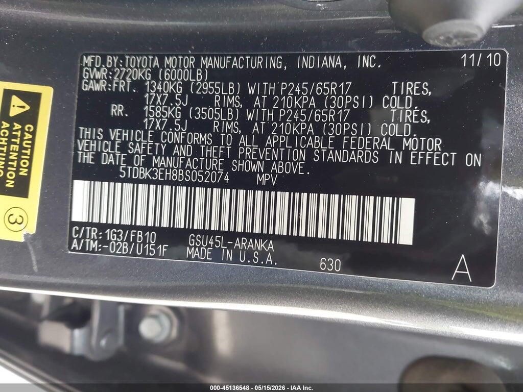 5TDBK3EH8BS052074 2011 TOYOTA HIGHLANDER photo no. 9