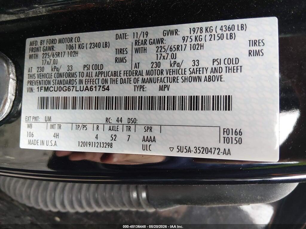 1FMCU0G67LUA61754 2020 FORD ESCAPE photo no. 9