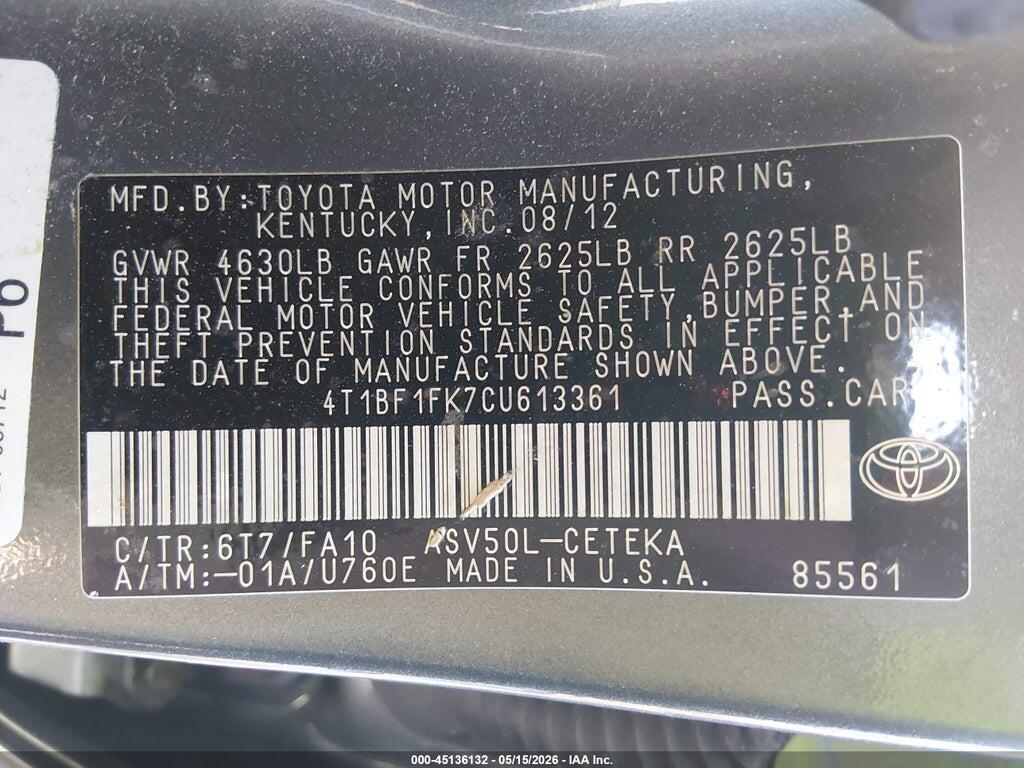 4T1BF1FK7CU613361 2012 TOYOTA CAMRY photo no. 9