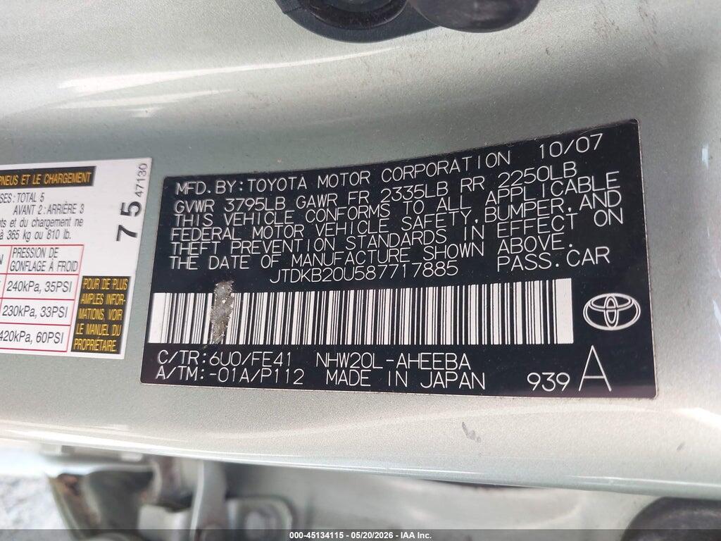 JTDKB20U587717885 2008 TOYOTA PRIUS photo no. 9