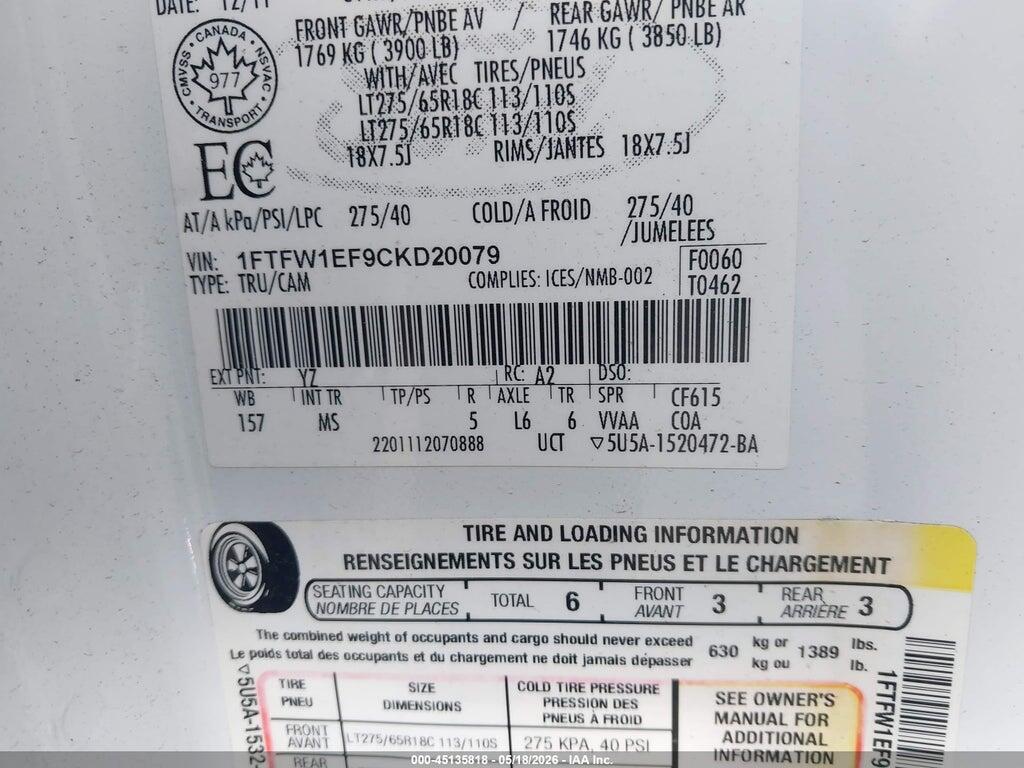 1FTFW1EF9CKD20079 2012 FORD F-150 photo no. 9