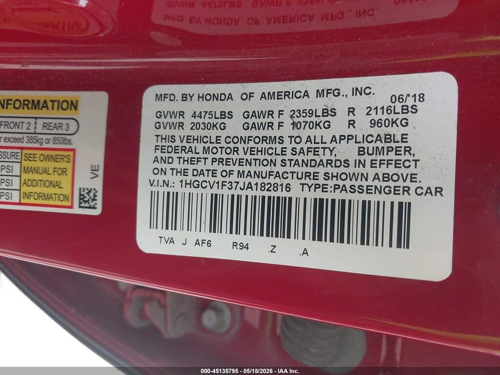 1HGCV1F37JA182816 2018 HONDA ACCORD photo no. 9