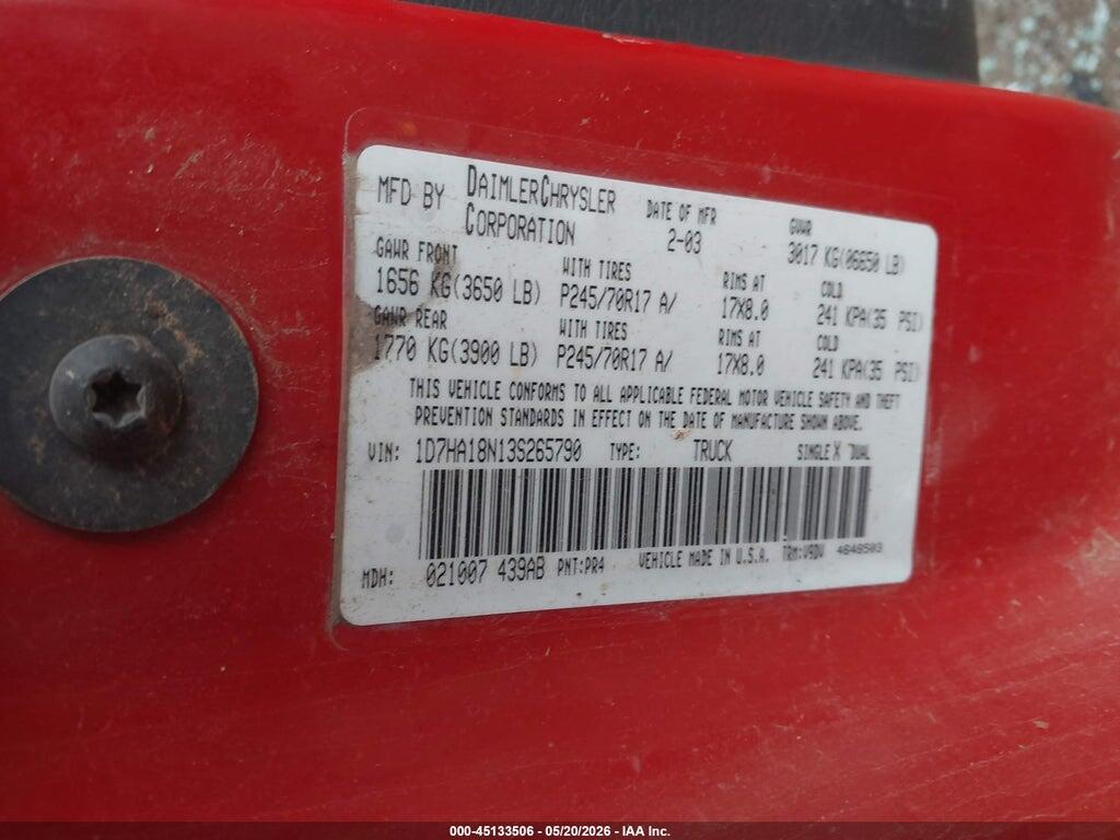 1D7HA18N13S265790 2003 DODGE RAM 1500 photo no. 9