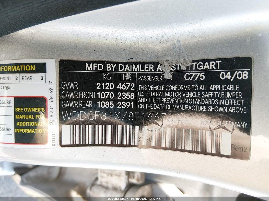 WDDGF81X78F166781 2008 MERCEDES-BENZ C 300 photo no. 9