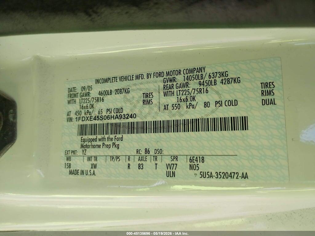 1FDXE45S06HA93240 2006 FORD E-450 CUTAWAY photo no. 9