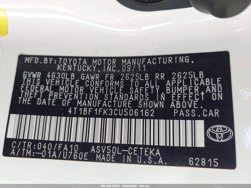 4T1BF1FK3CU506162 2012 TOYOTA CAMRY photo no. 9