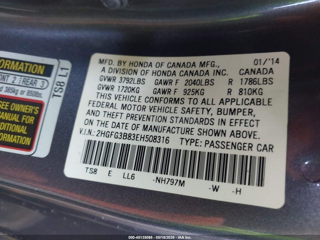2HGFG3B83EH508316 2014 HONDA CIVIC photo no. 9