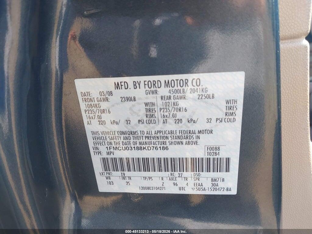1FMCU03188KD76186 2008 FORD ESCAPE photo no. 9