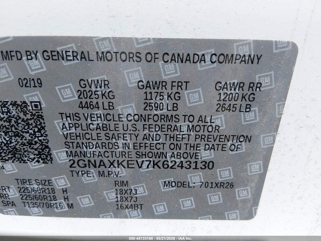 2GNAXKEV7K6243130 2019 CHEVROLET EQUINOX photo no. 9