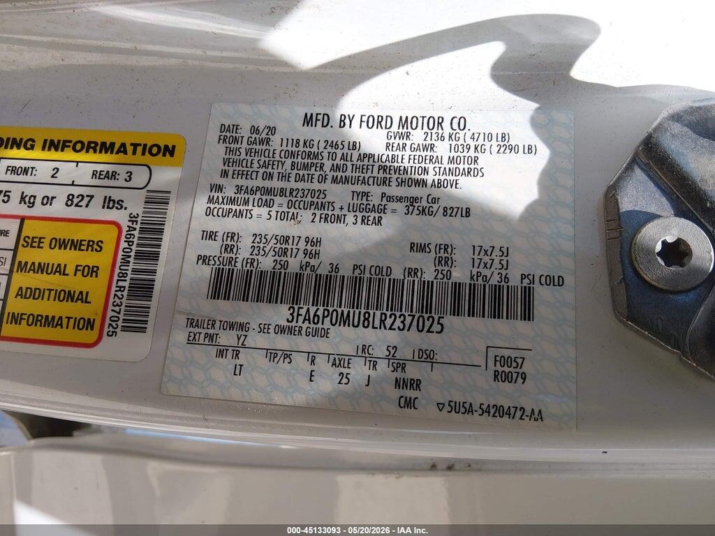 3FA6P0MU8LR237025 2020 FORD FUSION photo no. 9
