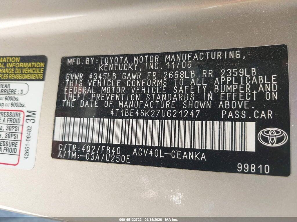4T1BE46K27U621247 2007 TOYOTA CAMRY photo no. 9