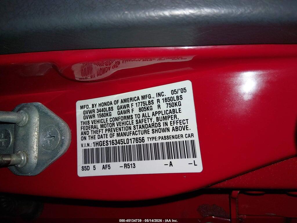 1HGES16345L017656 2005 HONDA CIVIC photo no. 9