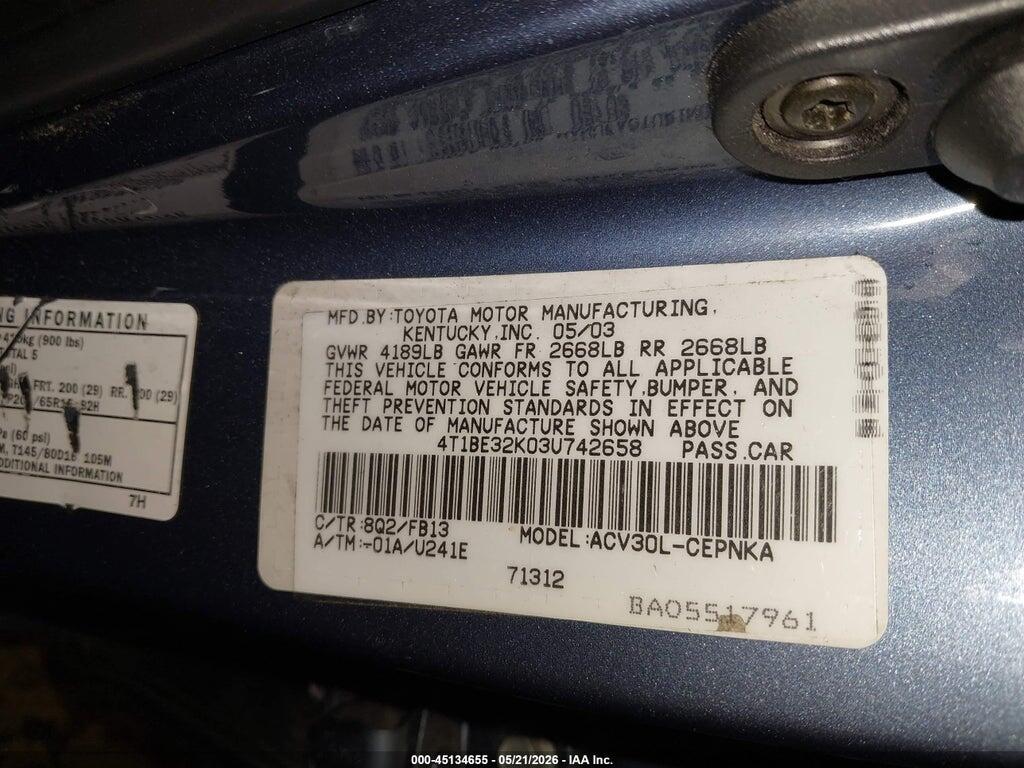 4T1BE32K03U742658 2003 TOYOTA CAMRY photo no. 9