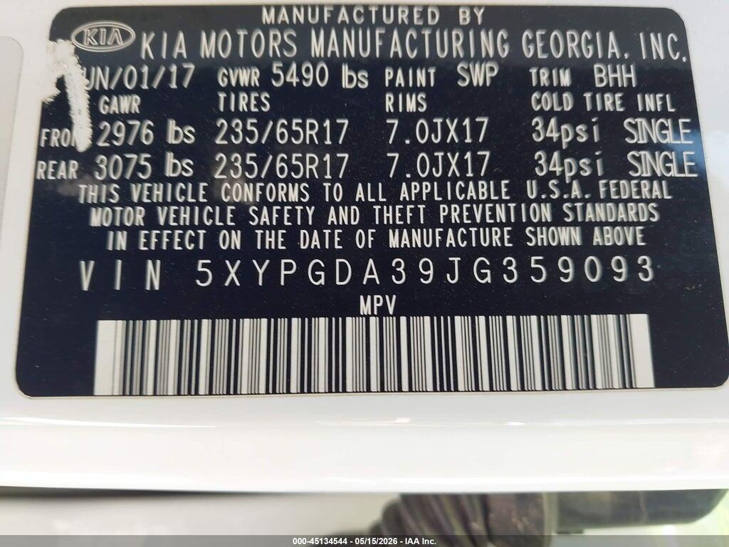 5XYPGDA39JG359093 2018 KIA SORENTO photo no. 9