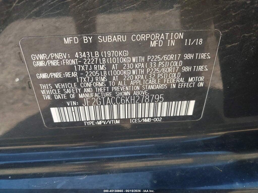 JF2GTACC6KH278795 2019 SUBARU CROSSTREK photo no. 9