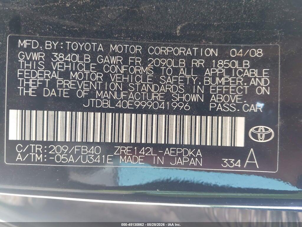 JTDBL40E999041996 2009 TOYOTA COROLLA photo no. 9