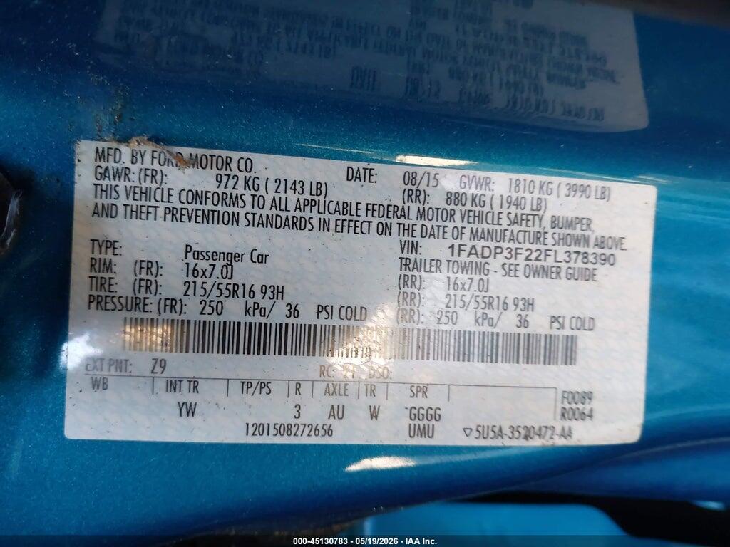 1FADP3F22FL378390 2015 FORD FOCUS photo no. 9