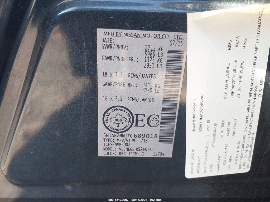5N1AR2MM1FC689018 2015 NISSAN PATHFINDER photo no. 9