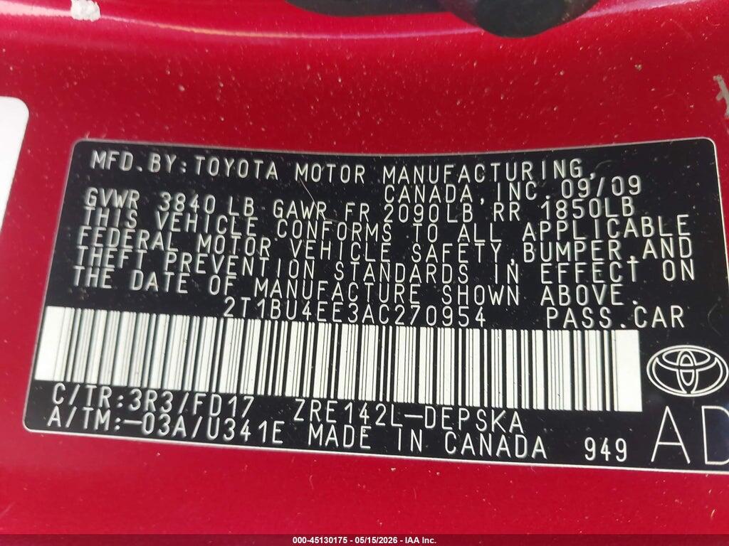 2T1BU4EE3AC270954 2010 TOYOTA COROLLA photo no. 9