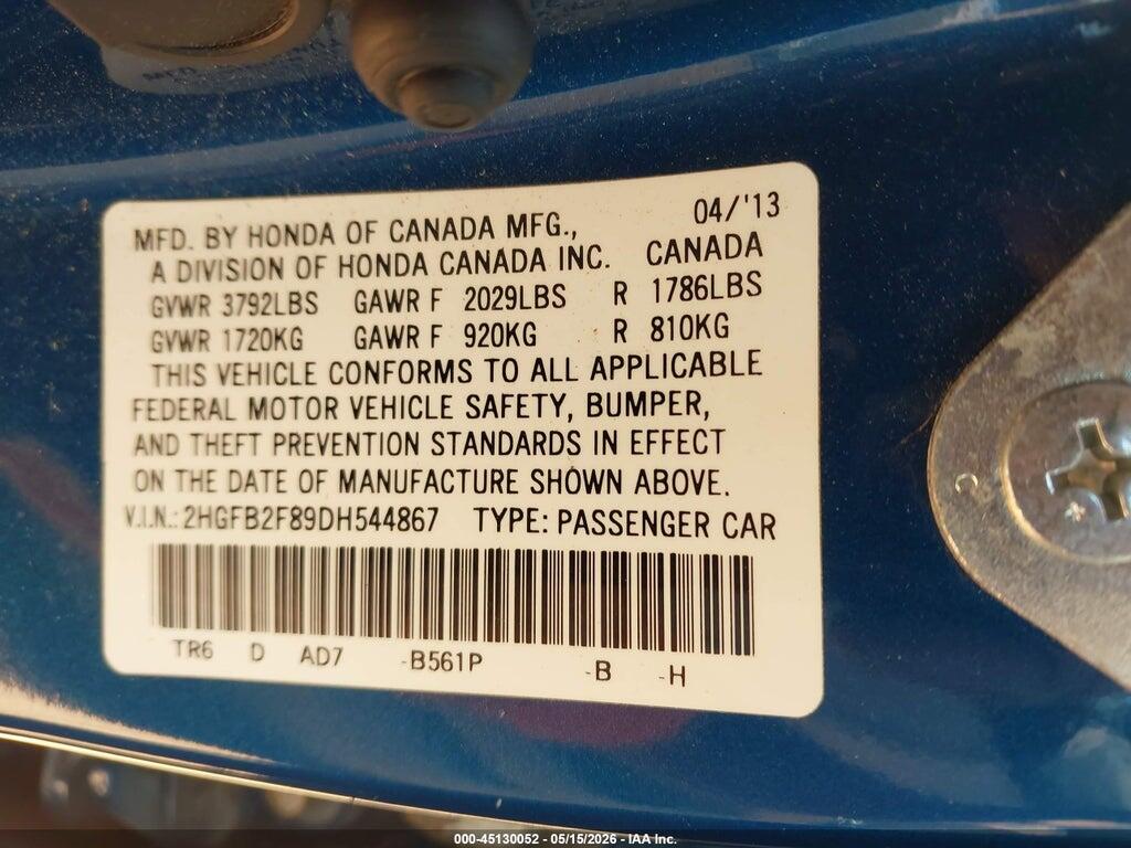 2HGFB2F89DH544867 2013 HONDA CIVIC photo no. 9