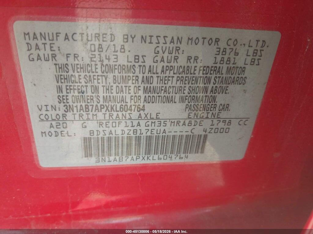 3N1AB7APXKL604764 2019 NISSAN SENTRA photo no. 9