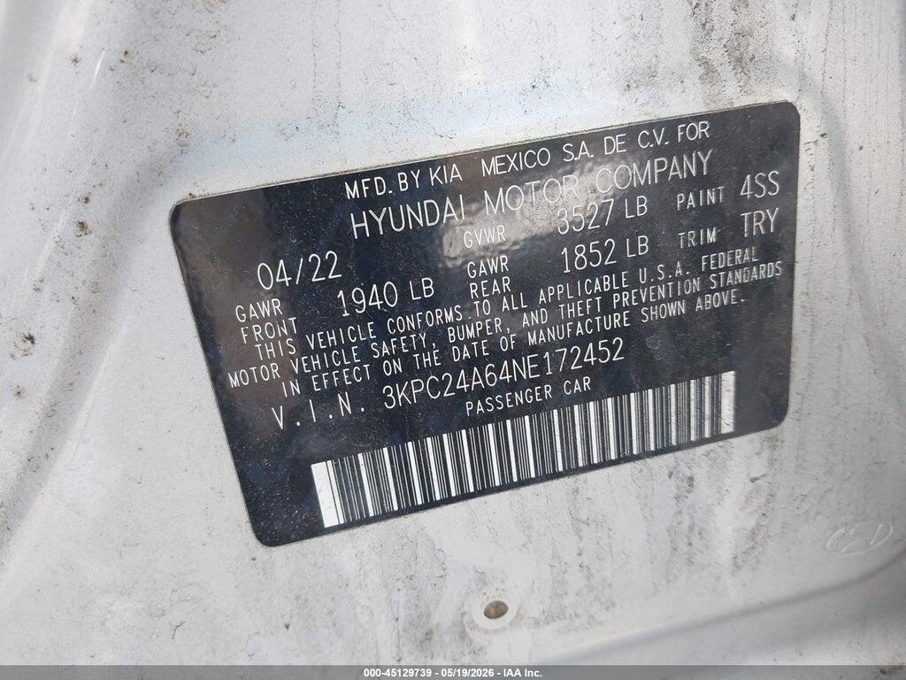 3KPC24A64NE172452 2022 HYUNDAI ACCENT photo no. 9