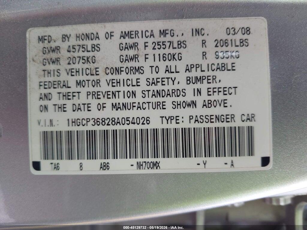 1HGCP36828A054026 2008 HONDA ACCORD photo no. 9
