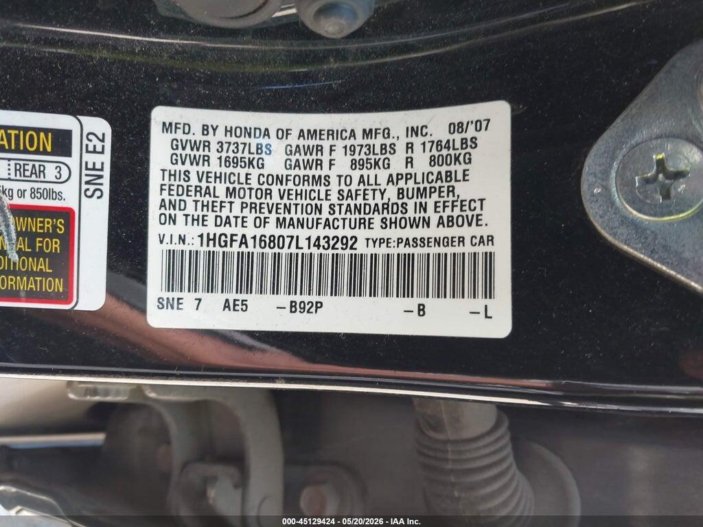 1HGFA16807L143292 2007 HONDA CIVIC photo no. 9