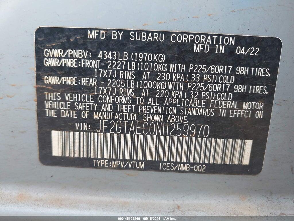 JF2GTAEC0NH259970 2022 SUBARU CROSSTREK photo no. 9
