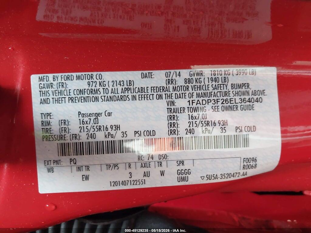 1FADP3F26EL364040 2014 FORD FOCUS photo no. 9