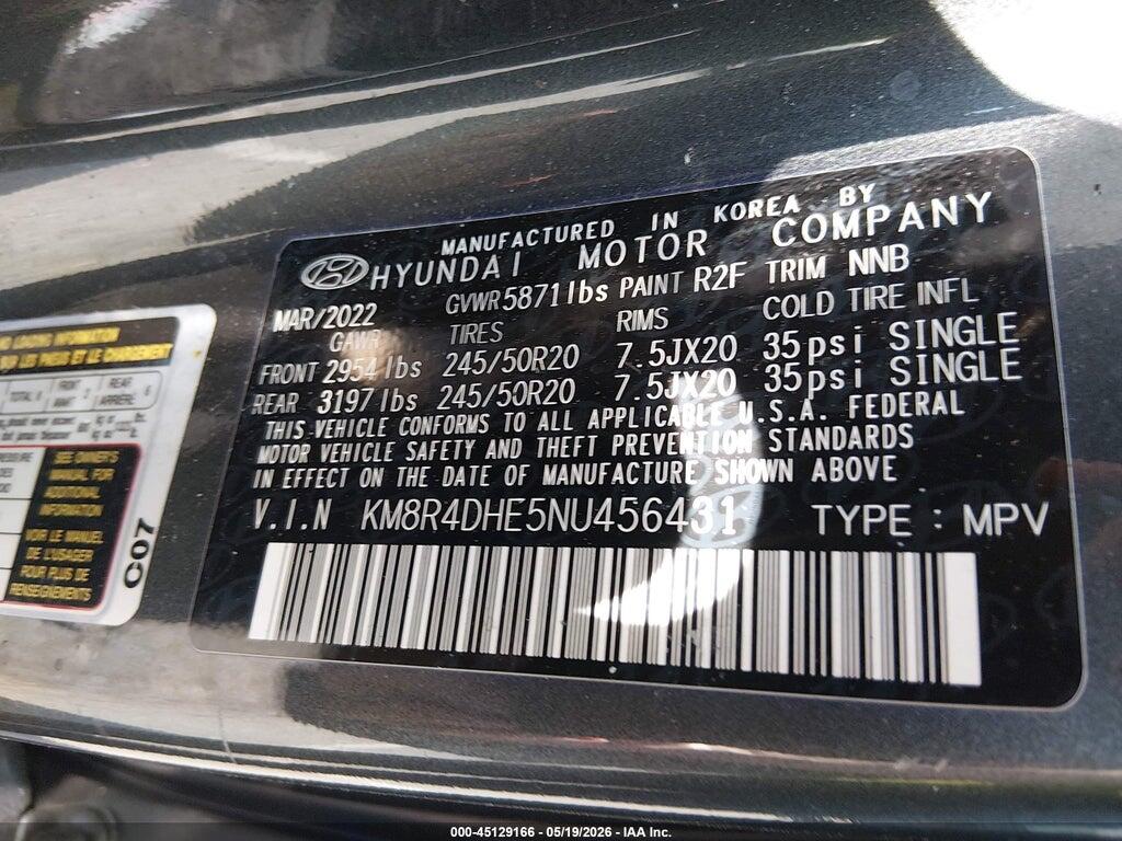 KM8R4DHE5NU456431 2022 HYUNDAI PALISADE photo no. 9