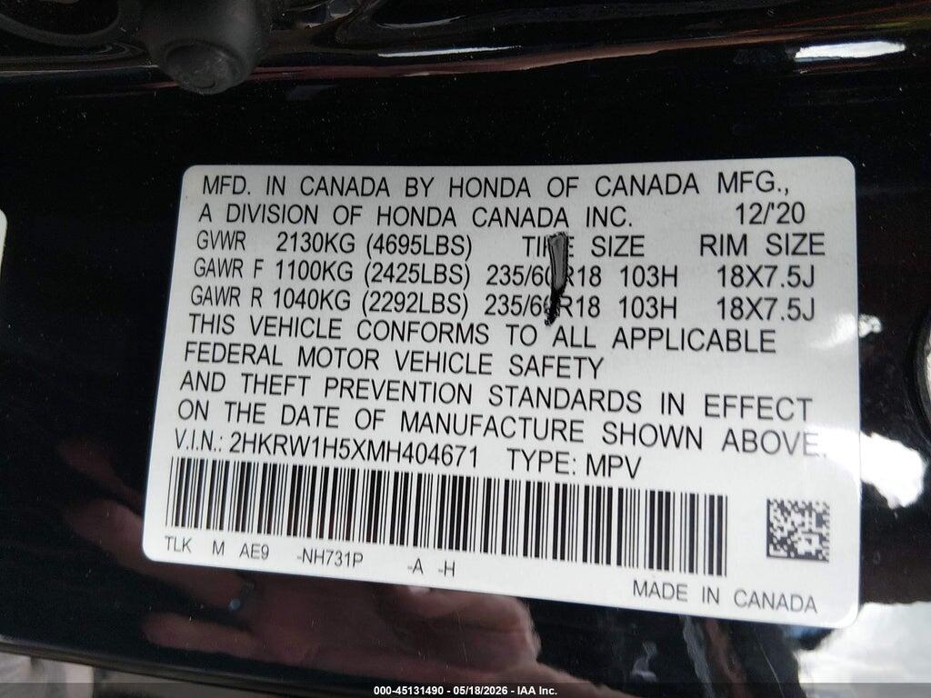 2HKRW1H5XMH404671 2021 HONDA CR-V photo no. 9