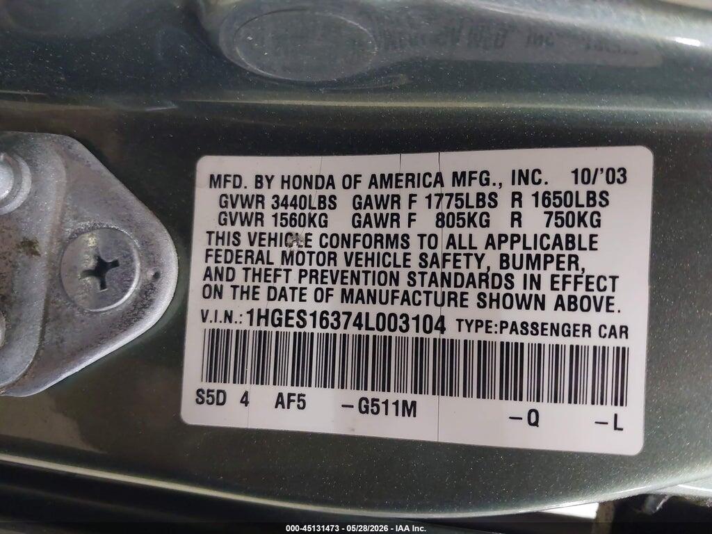 1HGES16374L003104 2004 HONDA CIVIC photo no. 9