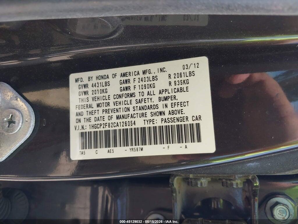 1HGCP2F82CA126054 2012 HONDA ACCORD photo no. 9