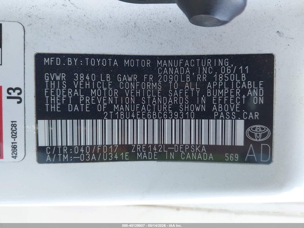 2T1BU4EE6BC639310 2011 TOYOTA COROLLA photo no. 9