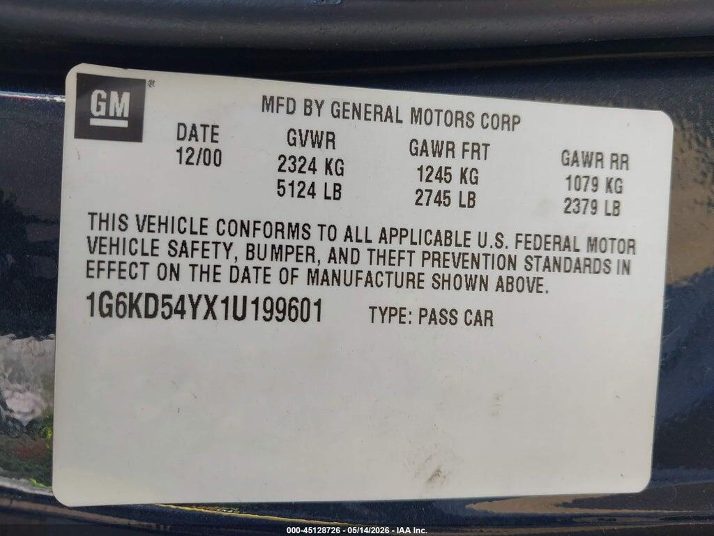 1G6KD54YX1U199601 2001 CADILLAC DEVILLE photo no. 9