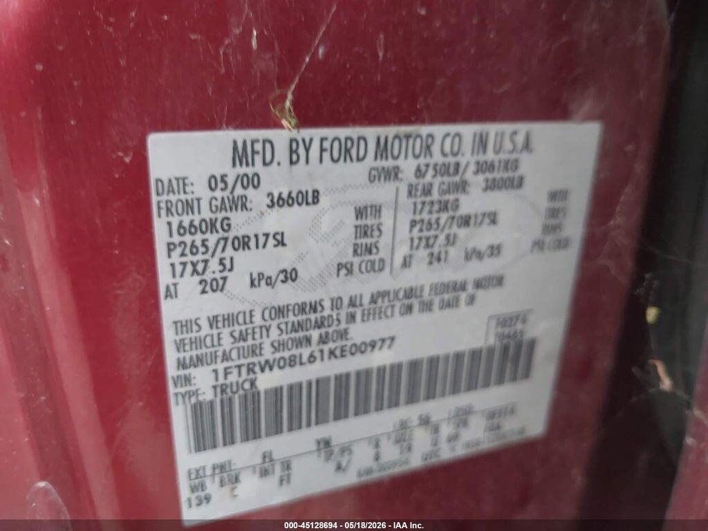 1FTRW08L61KE00977 2001 FORD F-150 photo no. 9