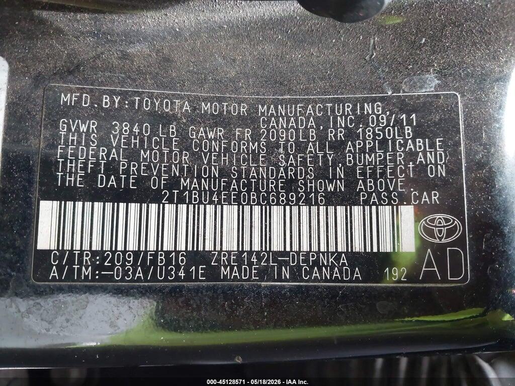 2T1BU4EE0BC689216 2011 TOYOTA COROLLA photo no. 9