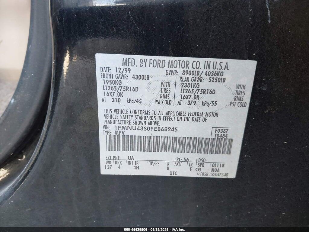 1FMNU43S0YEB68245 2000 FORD EXCURSION photo no. 9