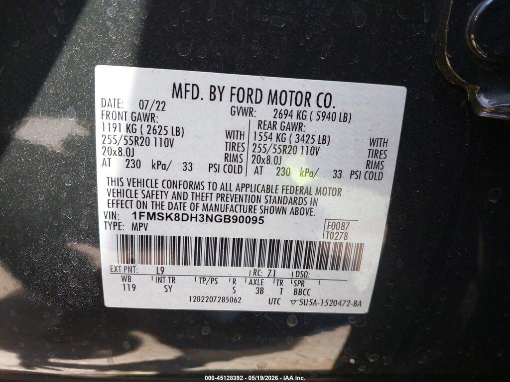 1FMSK8DH3NGB90095 2022 FORD EXPLORER photo no. 9