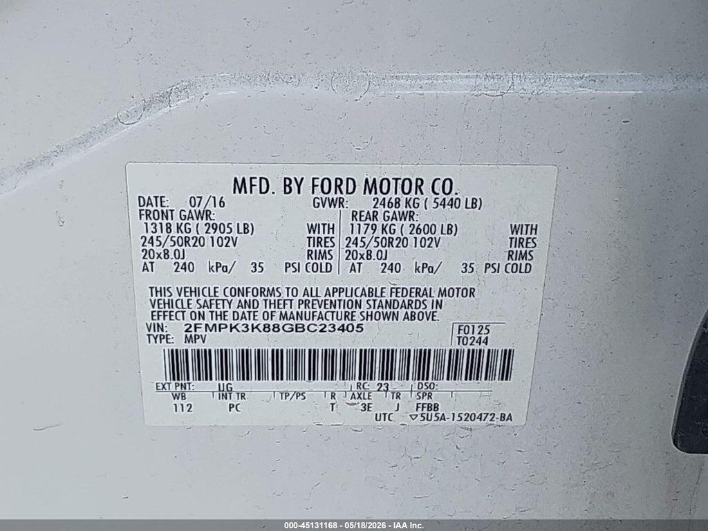 2FMPK3K88GBC23405 2016 FORD EDGE photo no. 9