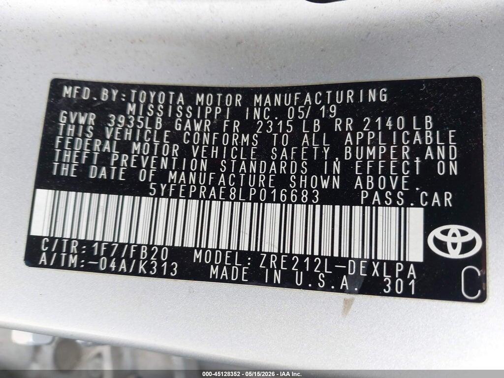 5YFEPRAE8LP016683 2020 TOYOTA COROLLA photo no. 9