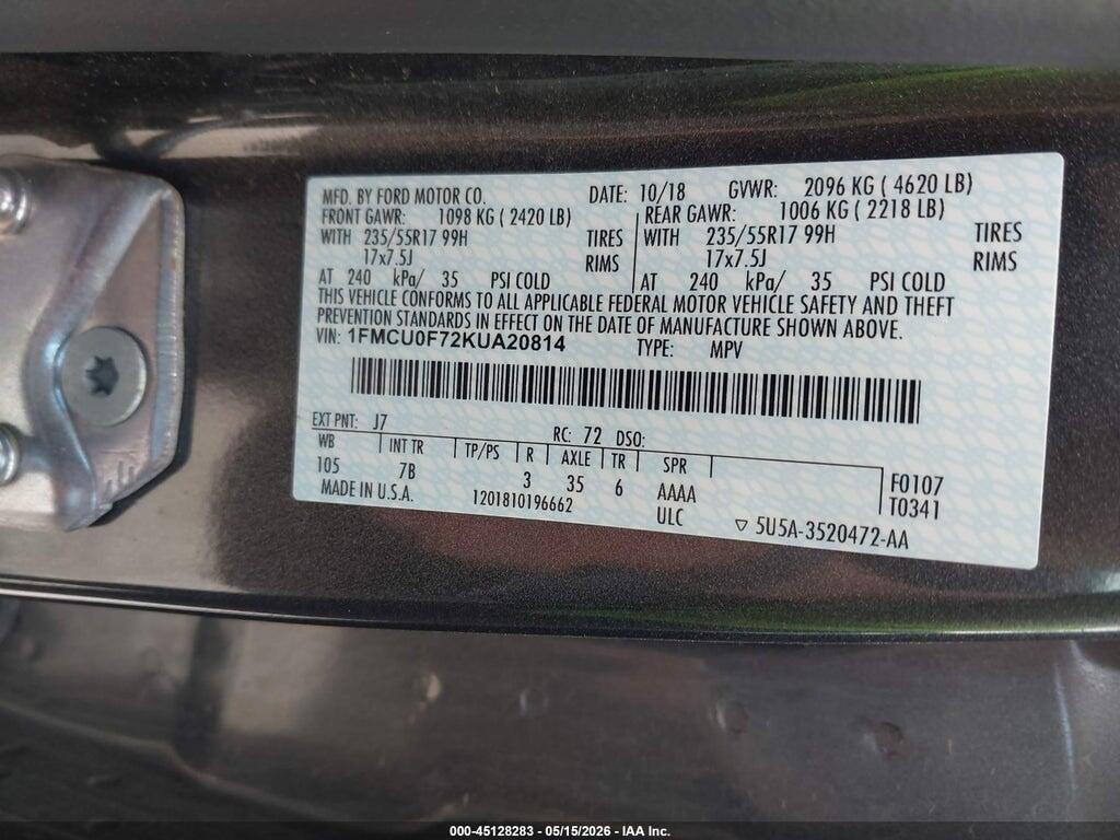 1FMCU0F72KUA20814 2019 FORD ESCAPE photo no. 9