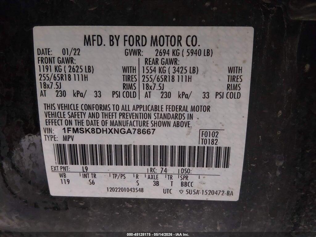 1FMSK8DHXNGA78667 2022 FORD EXPLORER photo no. 9