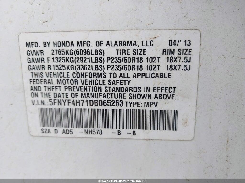 5FNYF4H71DB065263 2013 HONDA PILOT photo no. 9