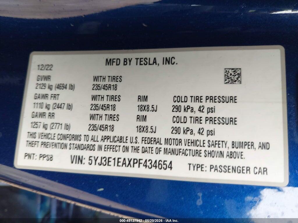 5YJ3E1EAXPF434654 2023 TESLA MODEL 3 photo no. 9