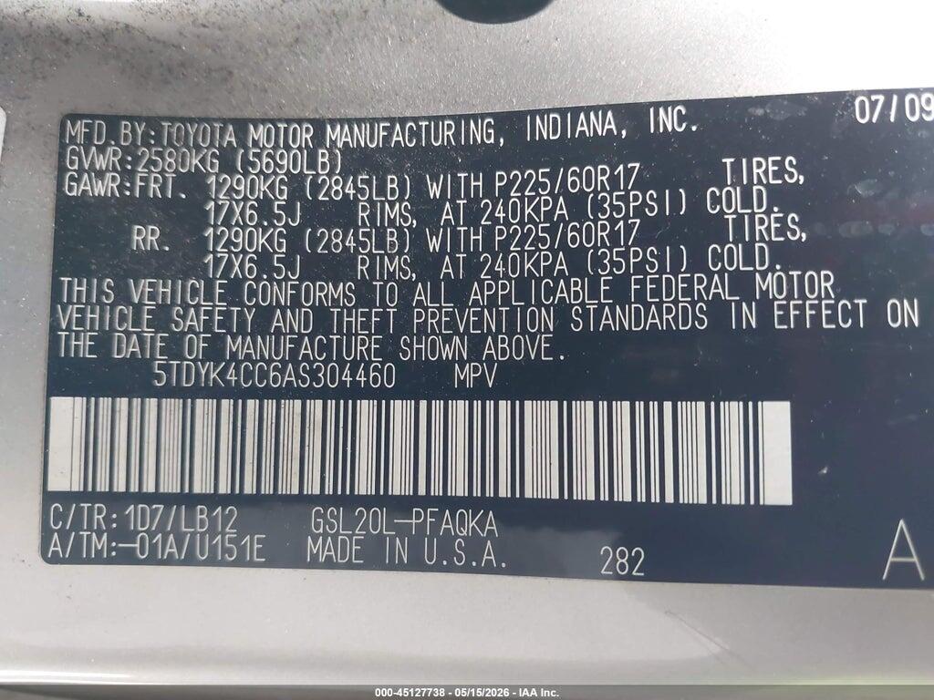 5TDYK4CC6AS304460 2010 TOYOTA SIENNA photo no. 9